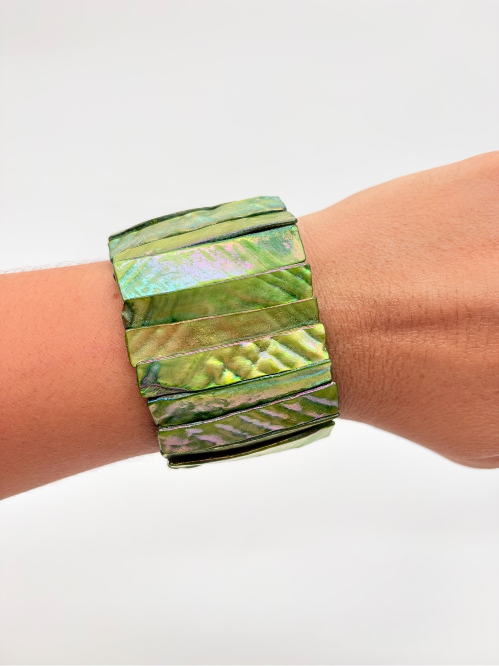 Green Abalone Shell Stretch Cuff Bracelet Wide Iridescent Statement